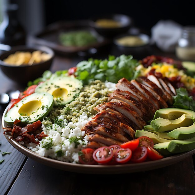 photograph of a Cobb Salad with Avocado Ranch Dressing in a white bowl