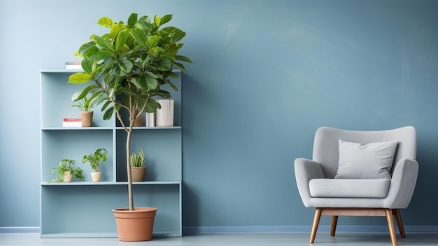 photograph of Comfortable armchair shelving unit and houseplant near blue wall