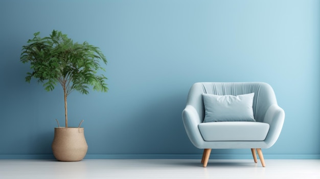 photograph of Comfortable armchair shelving unit and houseplant near blue wall