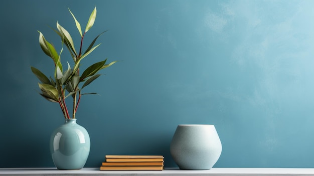 photograph of Comfortable armchair shelving unit and houseplant near blue wall