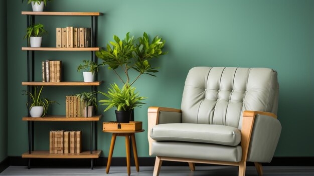 photograph of Comfortable armchair shelving unit and houseplant near pastel wall