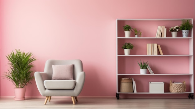photograph of Comfortable armchair shelving unit and houseplant near pastel wall