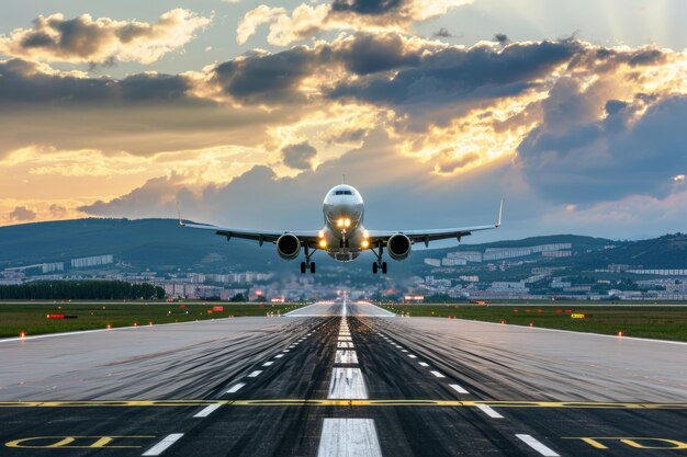 広い滑走路に着陸する商用航空機の写真