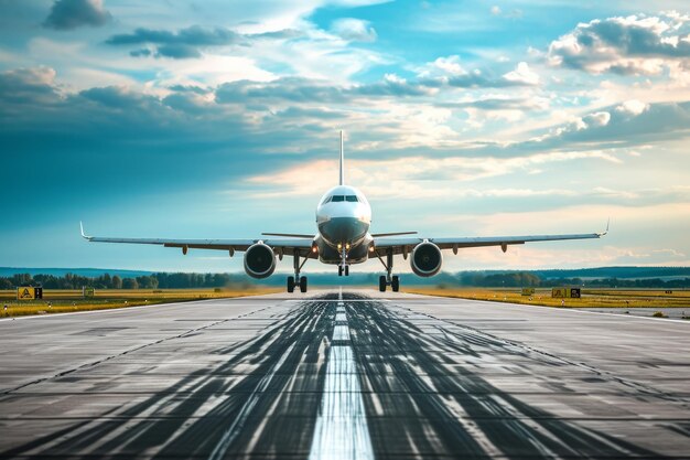 広い滑走路に着陸する商用航空機の写真