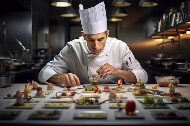 Photograph of a cook creating food dishes that are very pleasing to the eye He is working in a high standing restaurant Image created with AI