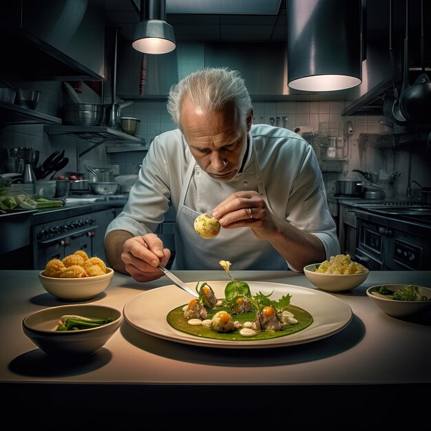 Photograph of a cook creating food dishes that are very pleasing to the eye He is working in a high standing restaurant Image created with AI