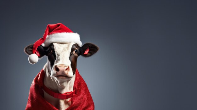 a photograph of cow wearing santa clause costume and hat for christmas celebration