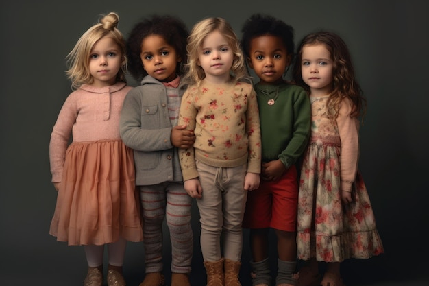 人工知能で作られた写真 - 灰色の背景で異なる民族の少女が異なるドレスを着ている - 社会的平等と包の概念
