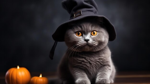 фотография милой британской короткошерстной кошки, использующей шляпу ведьмы для празднования Хэллоуина