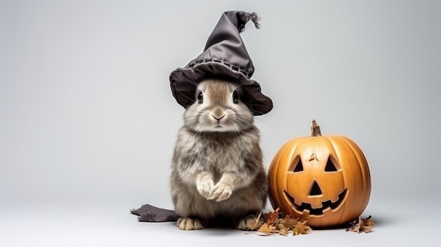 a photograph of cute bunny use witch hat for halloween celebration