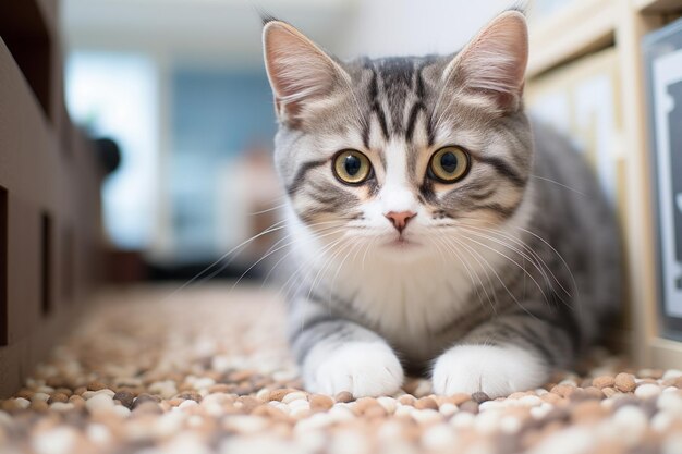 photograph of Cute cat near litter box in room