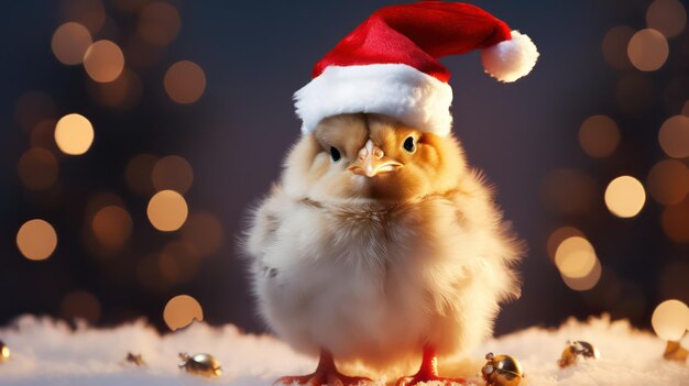 a photograph of cute chicken wearing santa clause costume and hat for christmas celebration