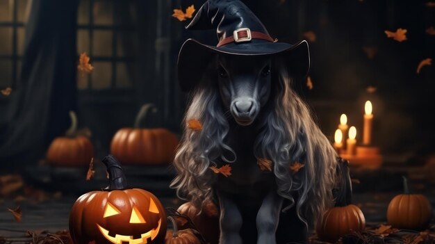 ハロウィーン祝いのための可愛い馬を使った魔女の帽子の写真