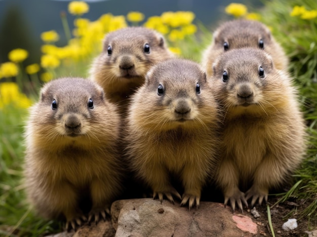 Foto fotografia di una marmotta carina gruppo di animali in un cortile