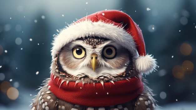 Photo a photograph of cute owl wearing santa clause costume and hat for christmas celebration