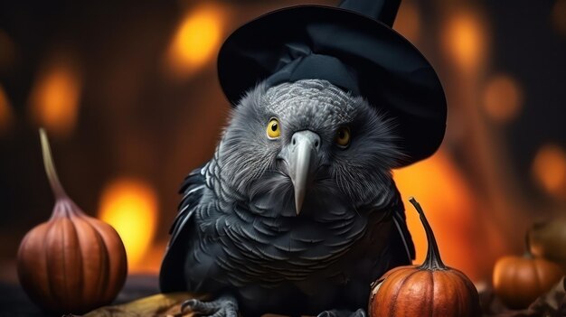 A photograph of cute parrot use witch hat for halloween celebration