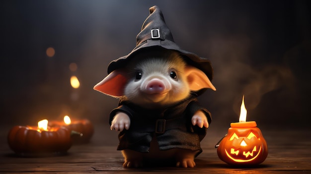 a photograph of cute pig use witch hat for halloween celebration