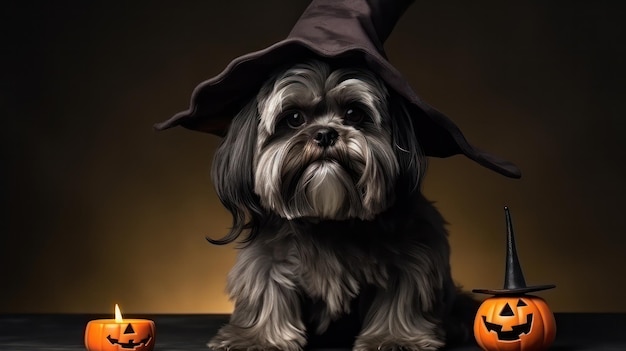 ハロウィーンのお祝いに魔女の帽子をかぶったかわいいシーズー犬の写真