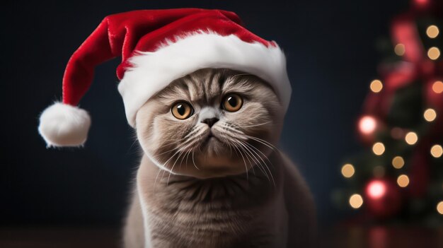 산타클로스 의상을 입은 귀여운 쇼크 스코틀랜드 폴드 고양이의 사진