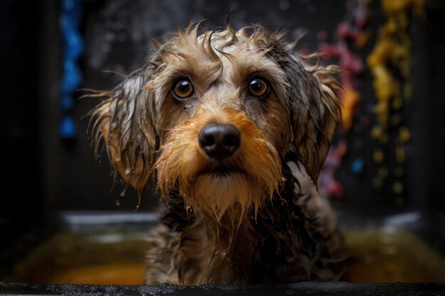 泡でバスタブに濡れたかわいい犬の写真