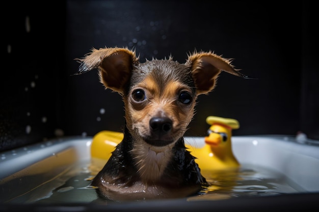 泡でバスタブに濡れたかわいい犬の写真