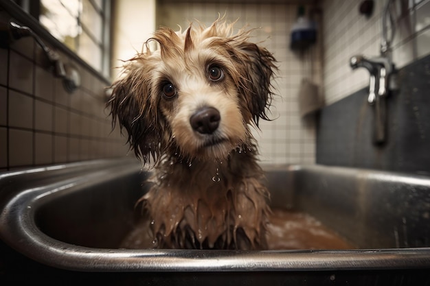 泡でバスタブに濡れたかわいい犬の写真