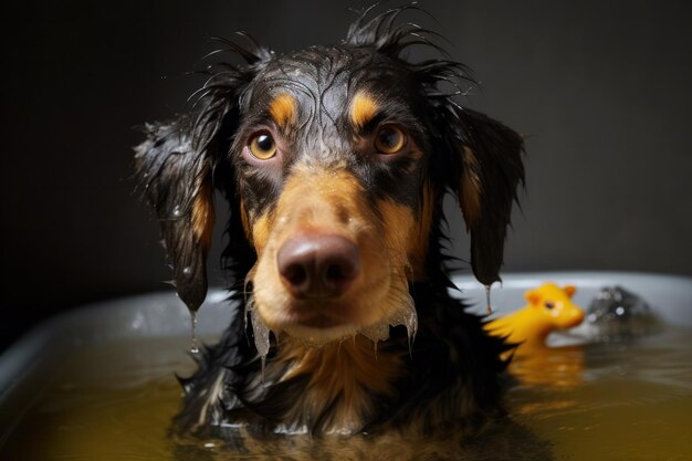 Photograph of Cute Wet Dog in Bathtub with Foam