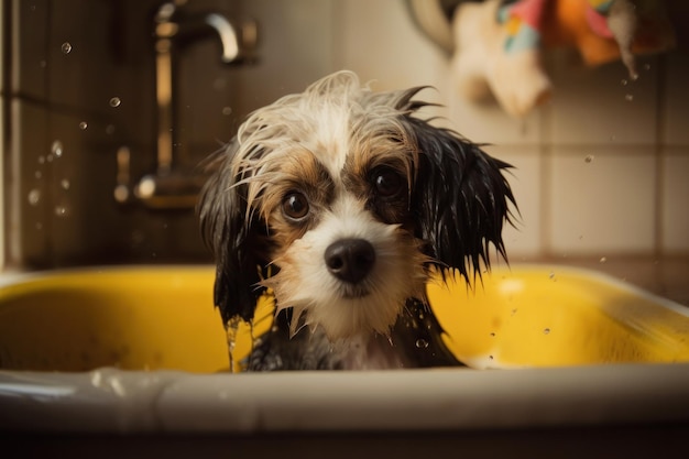 Photograph of Cute Wet Dog in Bathtub with Foam