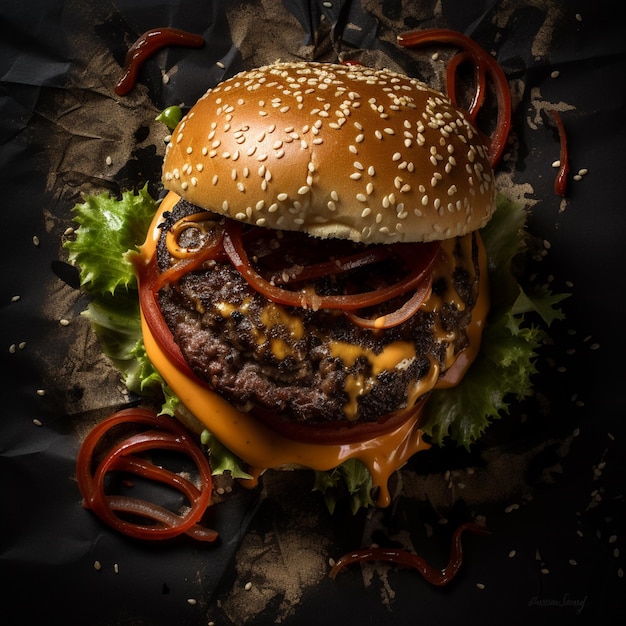 Photograph of a delicious burger from an overhead perspective showcasing its appetizing ingredients