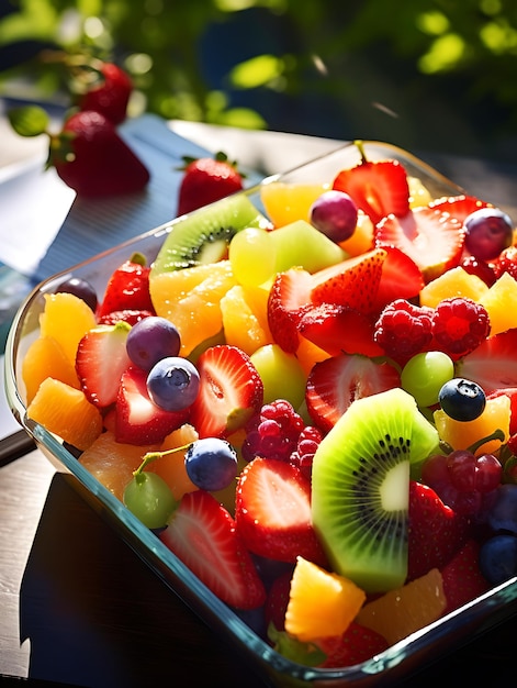 Foto fotografia della deliziosa essenza di un'insalata di frutta colorata