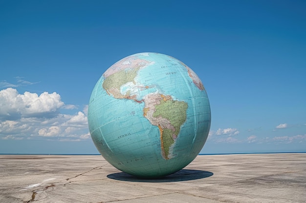 A photograph depicting a sizeable globe positioned on a sturdy cement surface Depict global inflation with a fully inflated world globe AI Generated