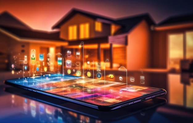 Foto fotografia che descrive la tecnologia per la casa intelligente che gestisce i dispositivi domestici utilizzando un telefono o un tablet