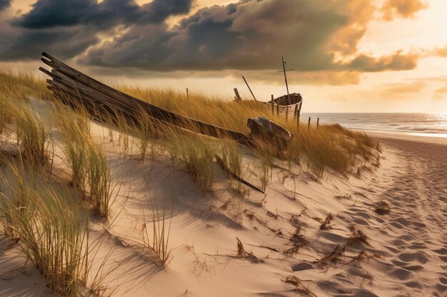 Photo a photograph of a deserted beach with an old broken fence running along the dunes in the foreground