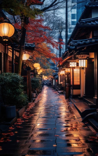 Premium AI Image | Photograph of a dim Japanese street at night