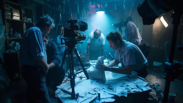 Photograph a director reviewing the script on set surrounded by lighting equipment and crew deeply engrossed in the storyline ar 169 v 6 Job ID 97c7259937ea4b10b26a830f1254f82b