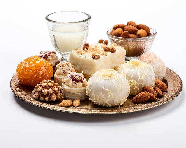 Photo a photograph of a diwali sweets and snacks pictures placed on a flat white color background