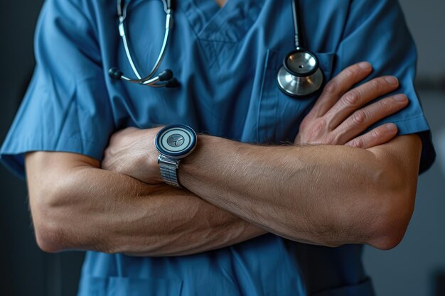 Photograph of a doctor in a blue coat with arms crossed in a safety posture