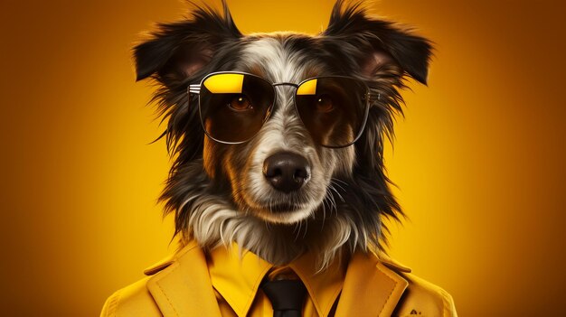 Photograph of a dog wearing glasses and a suit concept for a veterinary clinic