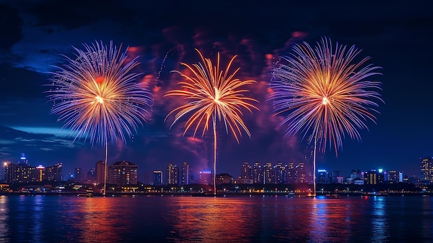 A photograph of a dynamic firework show at a city celebration