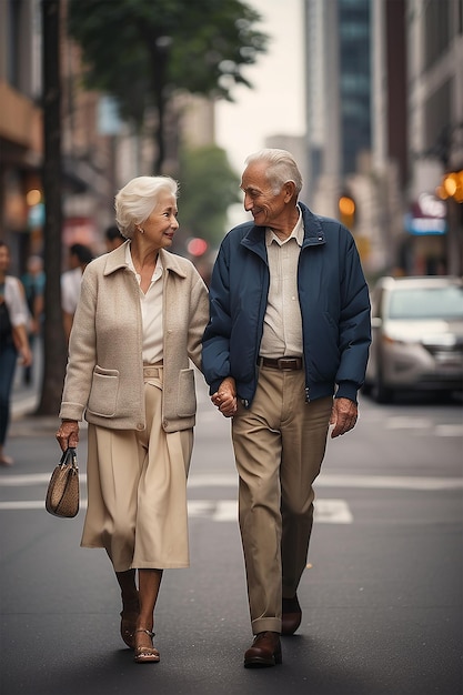 Photograph an elderly couple holding hands while walking down a busy street capturing the contrast