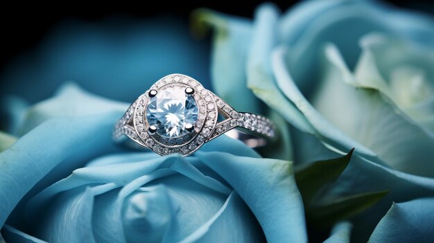 Photograph an elegant engagement ring featuring a radiant aquamarine nestled within a bed of roses