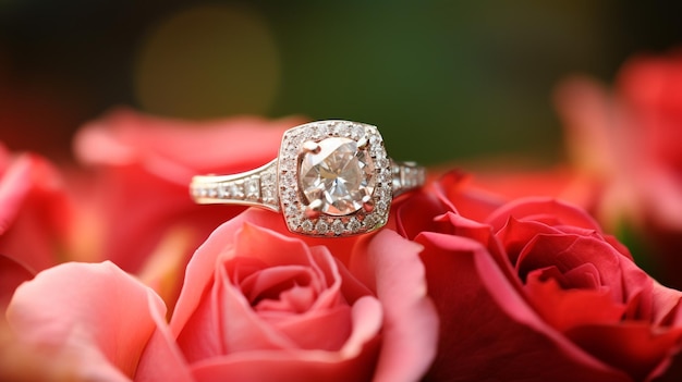 Photograph an elegant engagement ring featuring a radiant jade nestled within a bed of roses