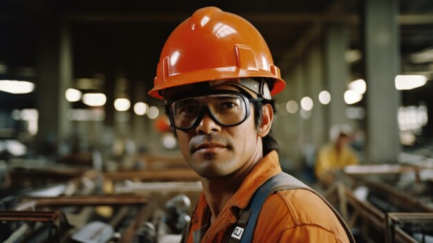 Photo photograph of an engineer in orange uniform and yellow helmet with big muscles