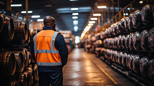 photograph of Engineer standing holding an iPad to inspect the Rolls of galvanized steel sheet