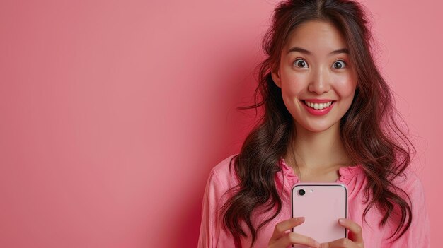 Photo photograph of an excited asian woman peeking out of a big giant vertical smartphone with white blank screen displaying the device gadget with pink wall empty space for mockup