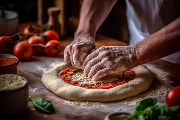 Photograph of expert hands preparing a pizza