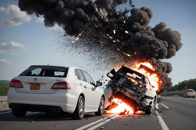 Photo photograph of explosion cars driving on the highway