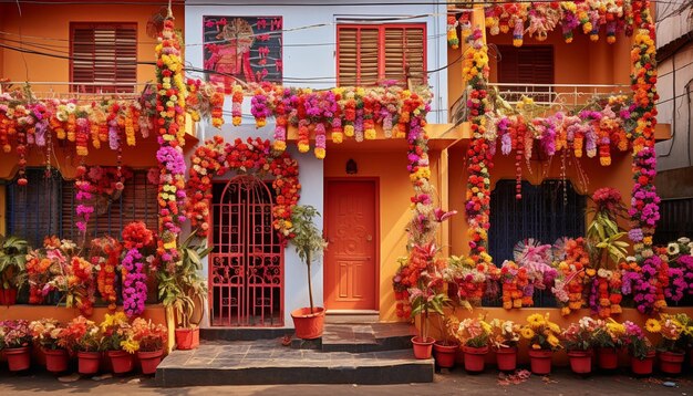 Photograph the exteriors of homes decorated for Gudi Padwa capturing the architectural beauty