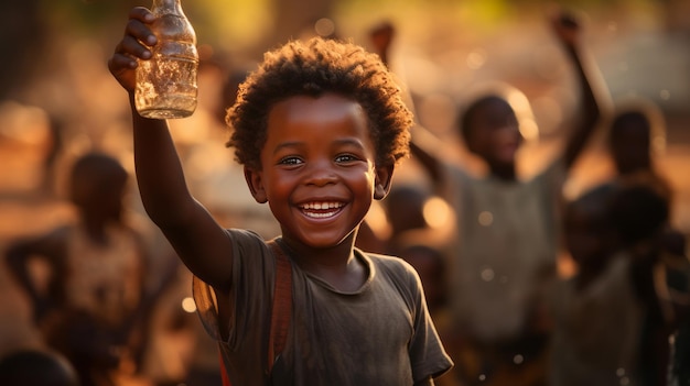 photograph of Extremely happy African boy with water bottle in hand