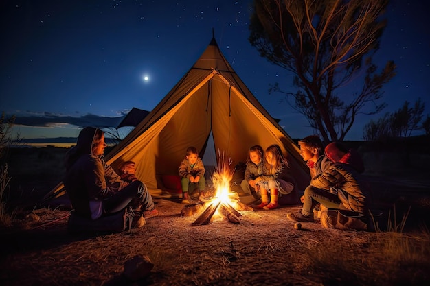 photograph of Family Camping with a Tent Setup by Campfire at Night Roasting Marshmallows